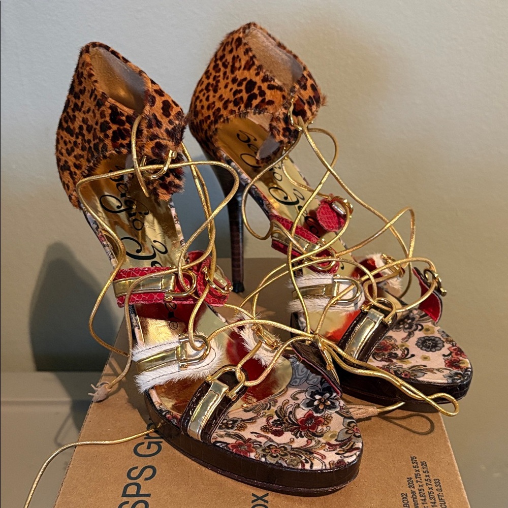 Sergio Zelcer Gold Metallic Lace-Up Heels with Leopard and Red Accents